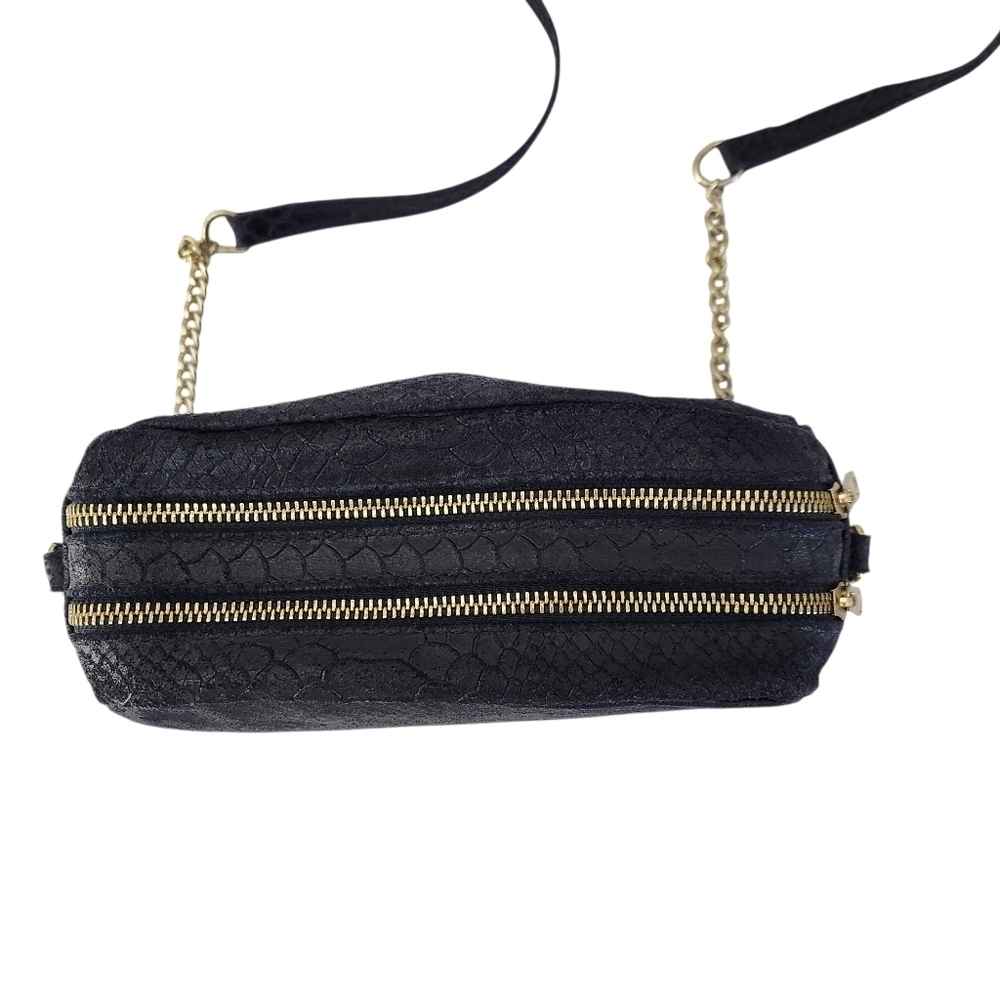 Dark Navy Genuine Leather Crossbody Bag – Python Texture Double-Zip - Picture 6 of 14